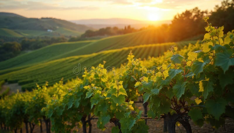 Rows of grapevines on the Bellini family hillside at sunset
